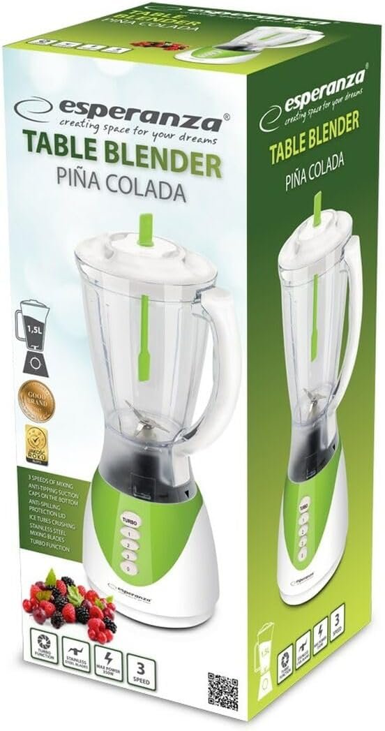 მწვანე ფერის ბლენდერი Esperanza PINA COLADA (1.5ლ, 350W) სამზარეულოს მაგიდაზე